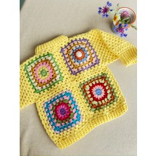 Dafne Dükkan El Örgüsü Motifli Bebek Hırkası Sarı Kroşe Hırka Crochet Granny Square Cardigan