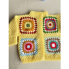 Dafne Dükkan El Örgüsü Motifli Bebek Hırkası Sarı Kroşe Hırka Crochet Granny Square Cardigan