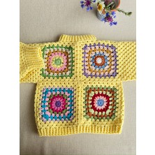 Dafne Dükkan El Örgüsü Motifli Bebek Hırkası Sarı Kroşe Hırka Crochet Granny Square Cardigan