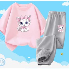 Kids Face Özel Tasarım Pembe Papyonlu Kedicik Baskılı Kısa Kollu Yazlık Kız Çocuk Eşofman Takımı