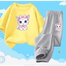 Kids Face Özel Tasarım Pembe Papyonlu Kedicik Baskılı Kısa Kollu Yazlık Kız Çocuk Eşofman Takımı