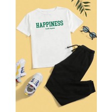 Kids Face Özel Tasarım Happiness Baskılı %100 Pamuk Kısa Kollu Yazlık Kız Çocuk Eşofman Takımı