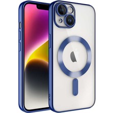 Caseart Apple iPhone 15 Plus Mag Safe Özellikli Lens Korumalı Logo Gösteren Şeffaf Luxury Silikon Kılıf - Mavi