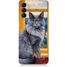 Teknomeg Samsung Galaxy A55 Uyumlu Kül Rengi Tüylü Kedi Desenli Silikon Kılıf