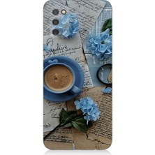 Teknomeg Samsung Galaxy A02S Uyumlu Mavi Çiçekler ve Mektuplar Desenli Silikon Kılıf