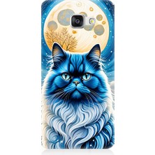 Teknomeg Samsung Galaxy A3 2016 Uyumlu Asil Mavi Kedi ve Ay Desenli Silikon Kılıf