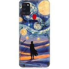 Teknomeg Samsung Galaxy A21S Uyumlu Güneş Sistemi,  Gece ve Insan Desenli Silikon Kılıf