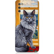 Teknomeg Samsung Galaxy A02S Uyumlu Kül Rengi Tüylü Kedi Desenli Silikon Kılıf