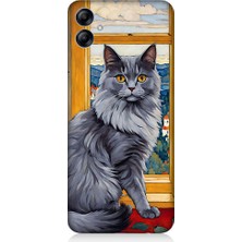 Teknomeg Samsung Galaxy A04E Uyumlu Kül Rengi Tüylü Kedi Desenli Silikon Kılıf