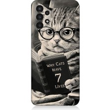 Teknomeg Samsung Galaxy A13 Uyumlu Kitap Okuyan Kedi Desenli Silikon Kılıf