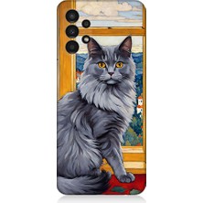 Teknomeg Samsung Galaxy A13 Uyumlu Kül Rengi Tüylü Kedi Desenli Silikon Kılıf