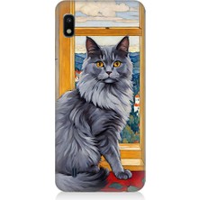 Teknomeg Samsung Galaxy A10 Uyumlu Kül Rengi Tüylü Kedi Desenli Silikon Kılıf