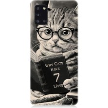 Teknomeg Samsung Galaxy A31 Uyumlu Kitap Okuyan Kedi Desenli Silikon Kılıf