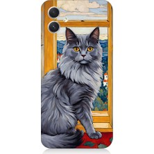 Teknomeg Samsung Galaxy A05 Uyumlu Kül Rengi Tüylü Kedi Desenli Silikon Kılıf
