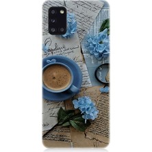 Teknomeg Samsung Galaxy A31 Uyumlu Mavi Çiçekler ve Mektuplar Desenli Silikon Kılıf