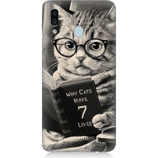 Teknomeg Samsung Galaxy A20 Uyumlu Kitap Okuyan Kedi Desenli Silikon Kılıf