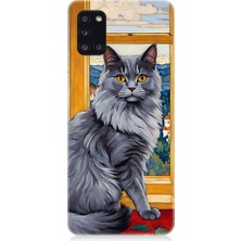 Teknomeg Samsung Galaxy A31 Uyumlu Kül Rengi Tüylü Kedi Desenli Silikon Kılıf