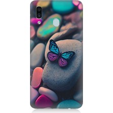 Teknomeg Samsung Galaxy A30 Uyumlu Kelebek ve Renkli Taşlar Desenli Silikon Kılıf