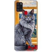 Teknomeg Samsung Galaxy A21S Uyumlu Kül Rengi Tüylü Kedi Desenli Silikon Kılıf