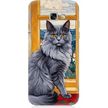 Teknomeg Samsung Galaxy A3 2017 Uyumlu Kül Rengi Tüylü Kedi Desenli Silikon Kılıf