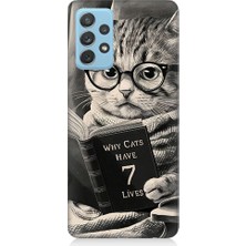 Teknomeg Samsung Galaxy A72 Uyumlu Kitap Okuyan Kedi Desenli Silikon Kılıf