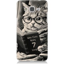 Teknomeg Samsung Galaxy Grand Prime Uyumlu Kitap Okuyan Kedi Desenli Silikon Kılıf