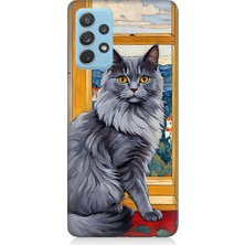Teknomeg Samsung Galaxy A52 Uyumlu Kül Rengi Tüylü Kedi Desenli Silikon Kılıf