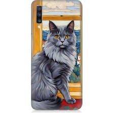 Teknomeg Samsung Galaxy A70 Uyumlu Kül Rengi Tüylü Kedi Desenli Silikon Kılıf