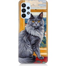 Teknomeg Samsung Galaxy A33 Uyumlu Kül Rengi Tüylü Kedi Desenli Silikon Kılıf