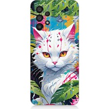 Teknomeg Samsung Galaxy A53 Uyumlu Beyaz Kedi ve Ejder Meyvesi Desenli Silikon Kılıf