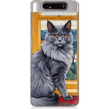 Teknomeg Samsung Galaxy A80 Uyumlu Kül Rengi Tüylü Kedi Desenli Silikon Kılıf