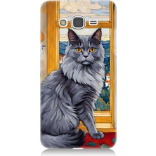 Teknomeg Samsung Galaxy Grand Prime Uyumlu Kül Rengi Tüylü Kedi Desenli Silikon Kılıf