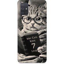 Teknomeg Samsung Galaxy A71 Uyumlu Kitap Okuyan Kedi Desenli Silikon Kılıf