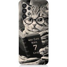Teknomeg Samsung Galaxy A73 Uyumlu Kitap Okuyan Kedi Desenli Silikon Kılıf