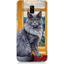 Teknomeg Samsung Galaxy J7 Duo Uyumlu Kül Rengi Tüylü Kedi Desenli Silikon Kılıf