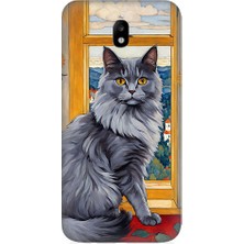 Teknomeg Samsung Galaxy J3 Pro Uyumlu Kül Rengi Tüylü Kedi Desenli Silikon Kılıf