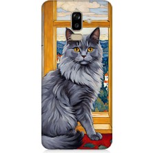 Teknomeg Samsung Galaxy J8 Uyumlu Kül Rengi Tüylü Kedi Desenli Silikon Kılıf