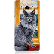 Teknomeg Samsung Galaxy J5 2016 Uyumlu Kül Rengi Tüylü Kedi Desenli Silikon Kılıf