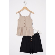 Zepkids Dugme Detaylı Bej Renk Kız Cocuk Sortlu Takım