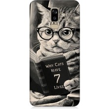 Teknomeg Samsung Galaxy J8 Uyumlu Kitap Okuyan Kedi Desenli Silikon Kılıf