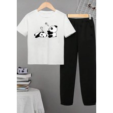 Kids Face Özel Tasarım Hii Pandalar Baskılı %100 Pamuk Kısa Kollu Yazlık Kız Çocuk Eşofman Takımı