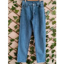 Çınar Butik Paçası Taşlı Kot Pantolon Mavi - 38