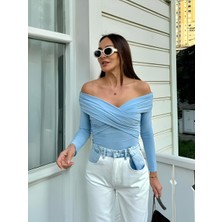 Çınar Butik Yakası Çapraz Likralı Tasarım Marka Model Bluz Mavi - M