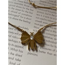 Pinery Jewels Sedefli Taş Kelebek Çelik Kararmaz Gold Kolye