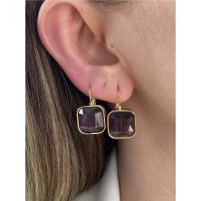 Pinery Jewels Iri Kare Taşlı Sallantılı Çelik Kararmaz Gold Kaplama Küpe Çifti