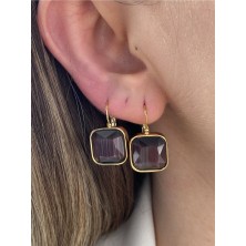 Pinery Jewels Iri Kare Taşlı Sallantılı Çelik Kararmaz Gold Kaplama Küpe Çifti