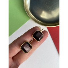 Pinery Jewels Iri Kare Taşlı Sallantılı Çelik Kararmaz Gold Kaplama Küpe Çifti