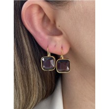 Pinery Jewels Iri Kare Taşlı Sallantılı Çelik Kararmaz Gold Kaplama Küpe Çifti