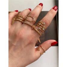 Pinery Jewels Zirkon Taşlı Altın Kaplama Çoklu Yüzük Seti