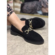 Nstil Günlük Kadın Loafer Makosen Klasik Alçak Topuklu Desenli Taban Zincirli Oval Burunlu Ayakkabı 150